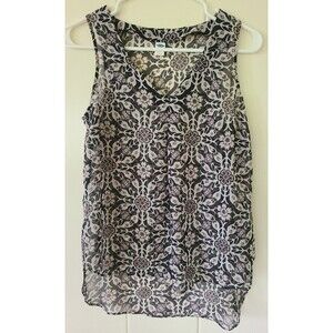 Old Navy Top Women XS Tank Black White Floral Sheer Hi-Lo Loose Flowy